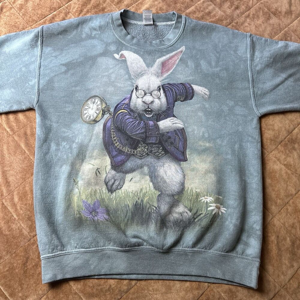 Alice in Wonderland Rabbit Sweater Size Medium Sage Blue Tie Dye